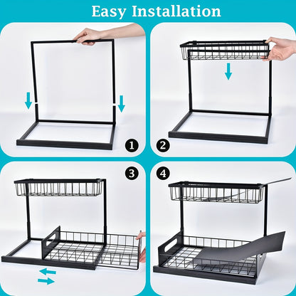 Kitchen sink storage box, pull-out cabinet storage box 2-layer sliding sink rack cabinet storage rack, kitchen bathroom cabinet sink drain storage pull-out frame