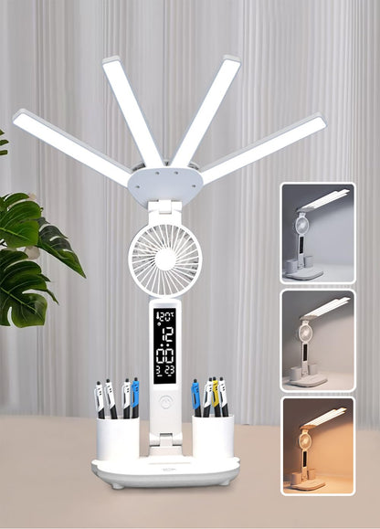 4-Arm Foldable LED Desk Lamp with Built-in Fan, Digital Clock, Temp Display & Dual Pen Holders – 3-Color Lighting, Infinite Dimming, USB-C Charging, Eye-Caring Light for Study, Work, Reading; Compact & Modern Design (White)