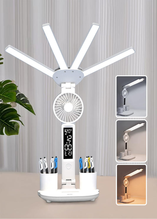 4-Arm Foldable LED Desk Lamp with Built-in Fan, Digital Clock, Temp Display & Dual Pen Holders – 3-Color Lighting, Infinite Dimming, USB-C Charging, Eye-Caring Light for Study, Work, Reading; Compact & Modern Design (White)