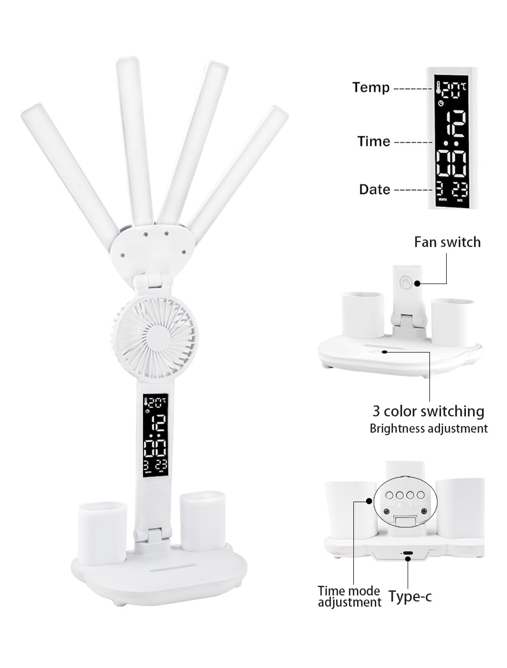 4-Arm Foldable LED Desk Lamp with Built-in Fan, Digital Clock, Temp Display & Dual Pen Holders – 3-Color Lighting, Infinite Dimming, USB-C Charging, Eye-Caring Light for Study, Work, Reading; Compact & Modern Design (White)