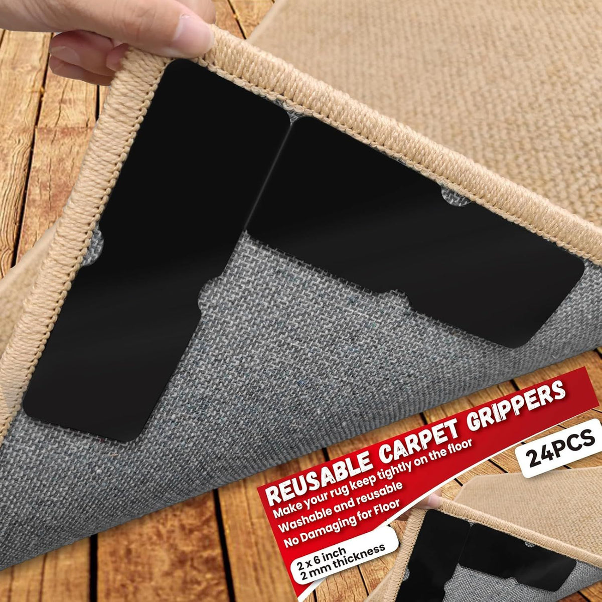 24PCS Reusable Carpet Grippers, Washable Non-Slip Rug Tape for Hardwood Floors, Strong Adhesive Rug Corners Fixer, No Residue Rug Pads for Area Rugs (Black)