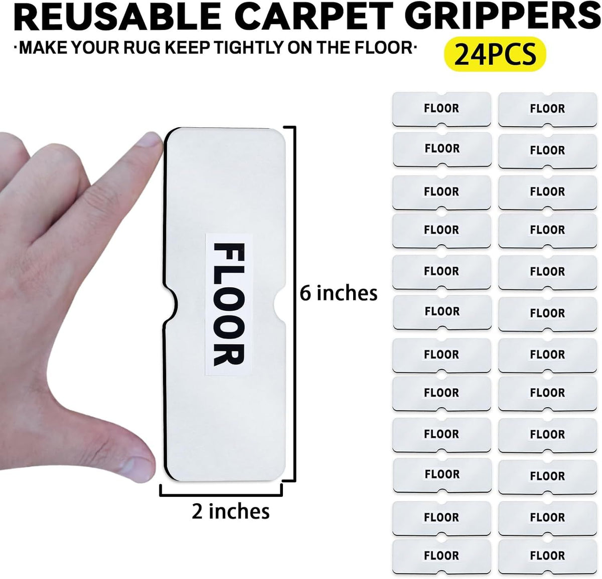 24PCS Reusable Carpet Grippers, Washable Non-Slip Rug Tape for Hardwood Floors, Strong Adhesive Rug Corners Fixer, No Residue Rug Pads for Area Rugs (Black)