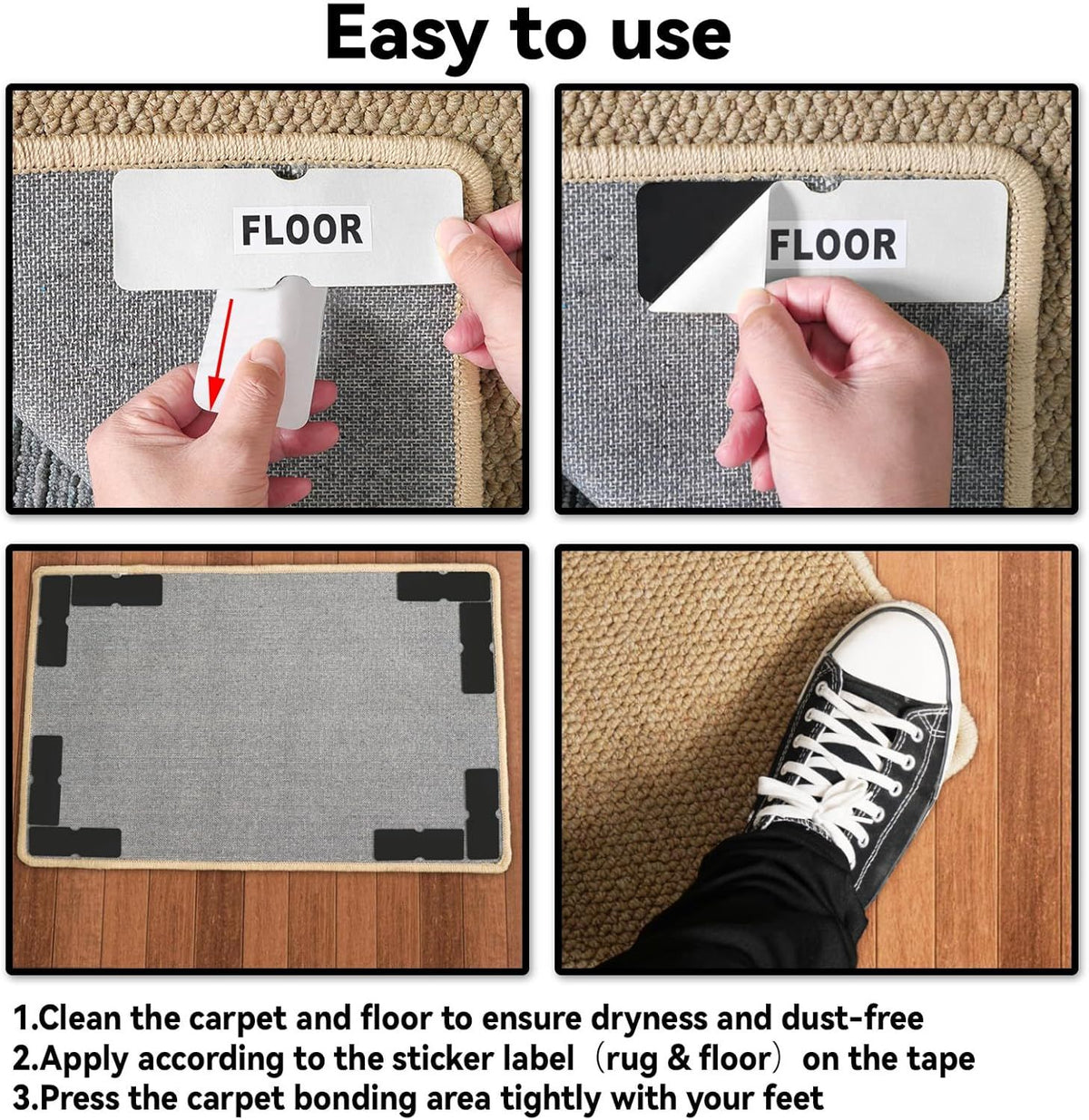 24PCS Reusable Carpet Grippers, Washable Non-Slip Rug Tape for Hardwood Floors, Strong Adhesive Rug Corners Fixer, No Residue Rug Pads for Area Rugs (Black)
