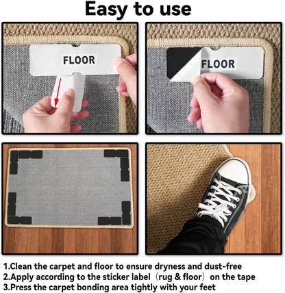 24PCS Reusable Carpet Grippers, Washable Non-Slip Rug Tape for Hardwood Floors, Strong Adhesive Rug Corners Fixer, No Residue Rug Pads for Area Rugs (Black)