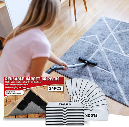 24PCS Reusable Carpet Grippers, Washable Non-Slip Rug Tape for Hardwood Floors, Strong Adhesive Rug Corners Fixer, No Residue Rug Pads for Area Rugs (Black)