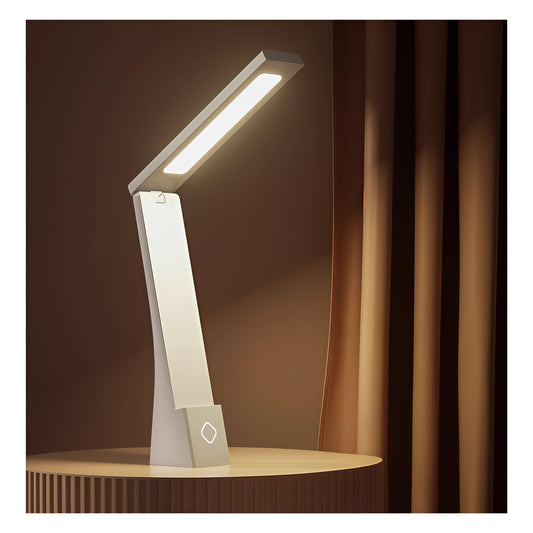 USB Rechargeable Foldable LED Desk Lamp – Touch Control, 3-Color Temperature, Stepless Dimming, 120° Adjustable Arm, Built-in Phone Stand, Flicker-Free & Blue Light Filtered, Ideal for Study, Office, Bedroom, Dorm; Compact & Modern Design (White,6000mA)