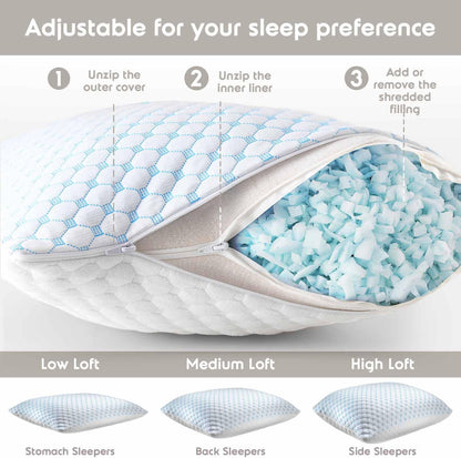 King Size Cooling Pillow with Shredded Memory Foam & Gel Infusion – Adjustable Loft, Breathable Dual-Sided Cover, 20" x 36" (Blue) | Other Sizes Available in Store