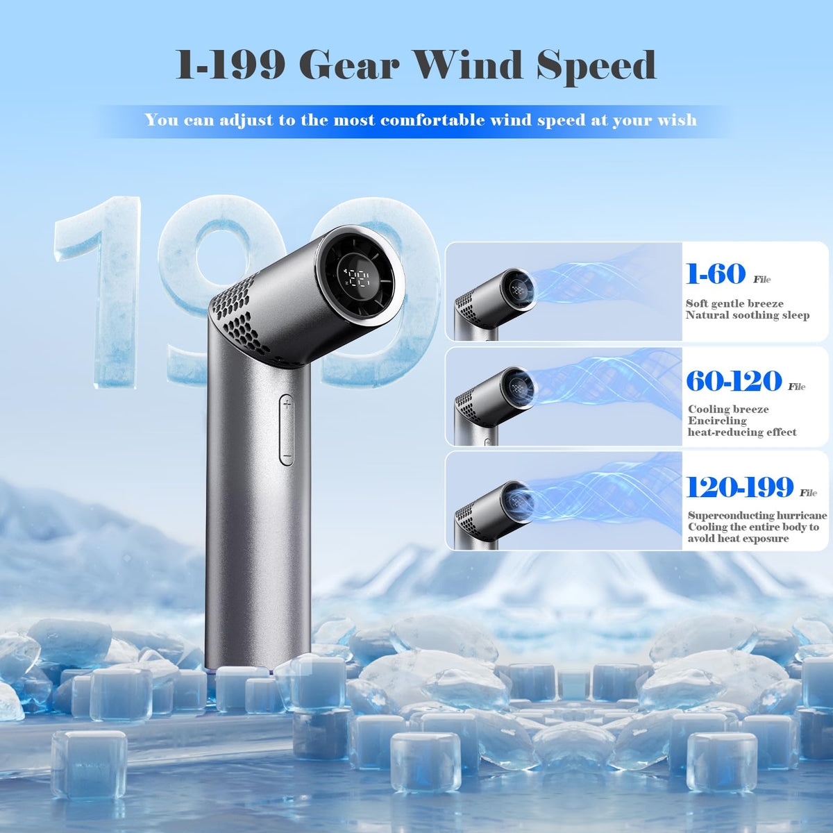 Portable Mini Handheld Fan – 3-in-1 Rechargeable Turbine Fan with 1-199 Speed, Digital Display, Neck Strap, Long Battery Life for Outdoor, Travel, Office Use (Grey)