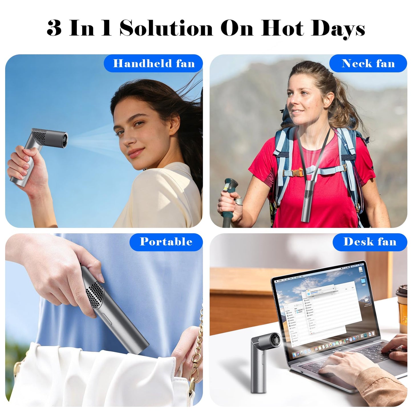 Portable Mini Handheld Fan – 3-in-1 Rechargeable Turbine Fan with 1-199 Speed, Digital Display, Neck Strap, Long Battery Life for Outdoor, Travel, Office Use (Grey)