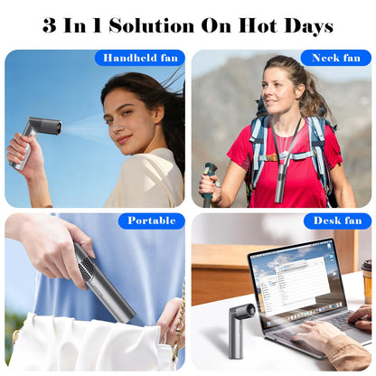 Portable Mini Handheld Fan – 3-in-1 Rechargeable Turbine Fan with 1-199 Speed, Digital Display, Neck Strap, Long Battery Life for Outdoor, Travel, Office Use (Grey)