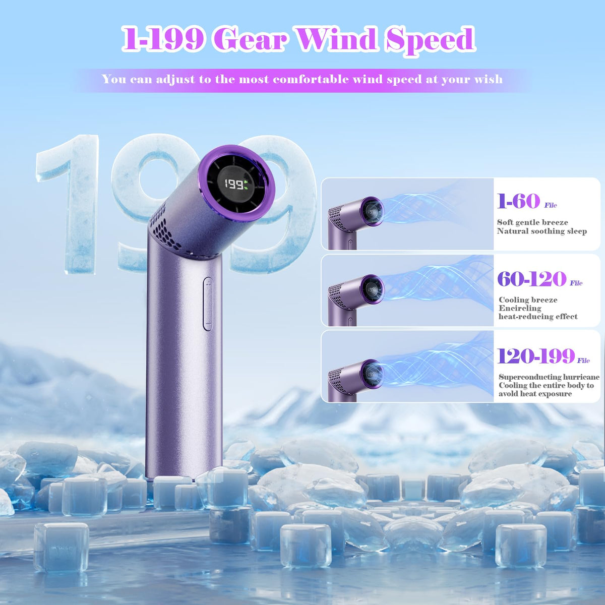 Portable Mini Handheld Fan – 3-in-1 Rechargeable Turbine Fan with 1-199 Speed, Digital Display, Neck Strap, Long Battery Life for Outdoor, Travel, Office Use (Purple)