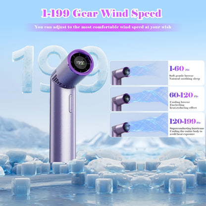 Portable Mini Handheld Fan – 3-in-1 Rechargeable Turbine Fan with 1-199 Speed, Digital Display, Neck Strap, Long Battery Life for Outdoor, Travel, Office Use (Purple)