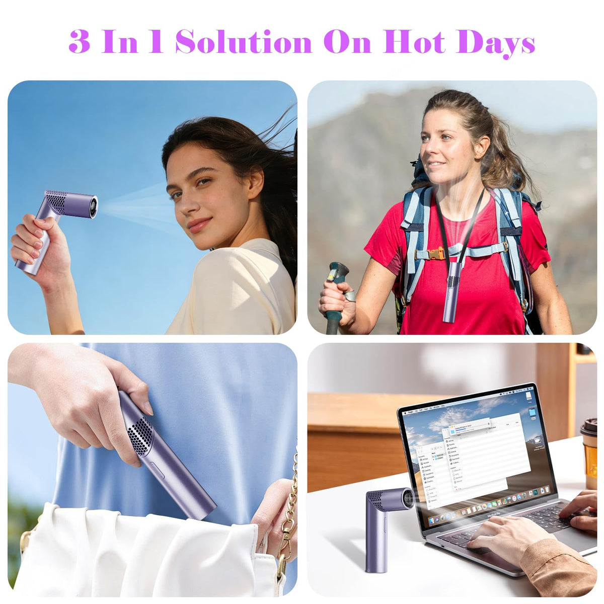 Portable Mini Handheld Fan – 3-in-1 Rechargeable Turbine Fan with 1-199 Speed, Digital Display, Neck Strap, Long Battery Life for Outdoor, Travel, Office Use (Purple)
