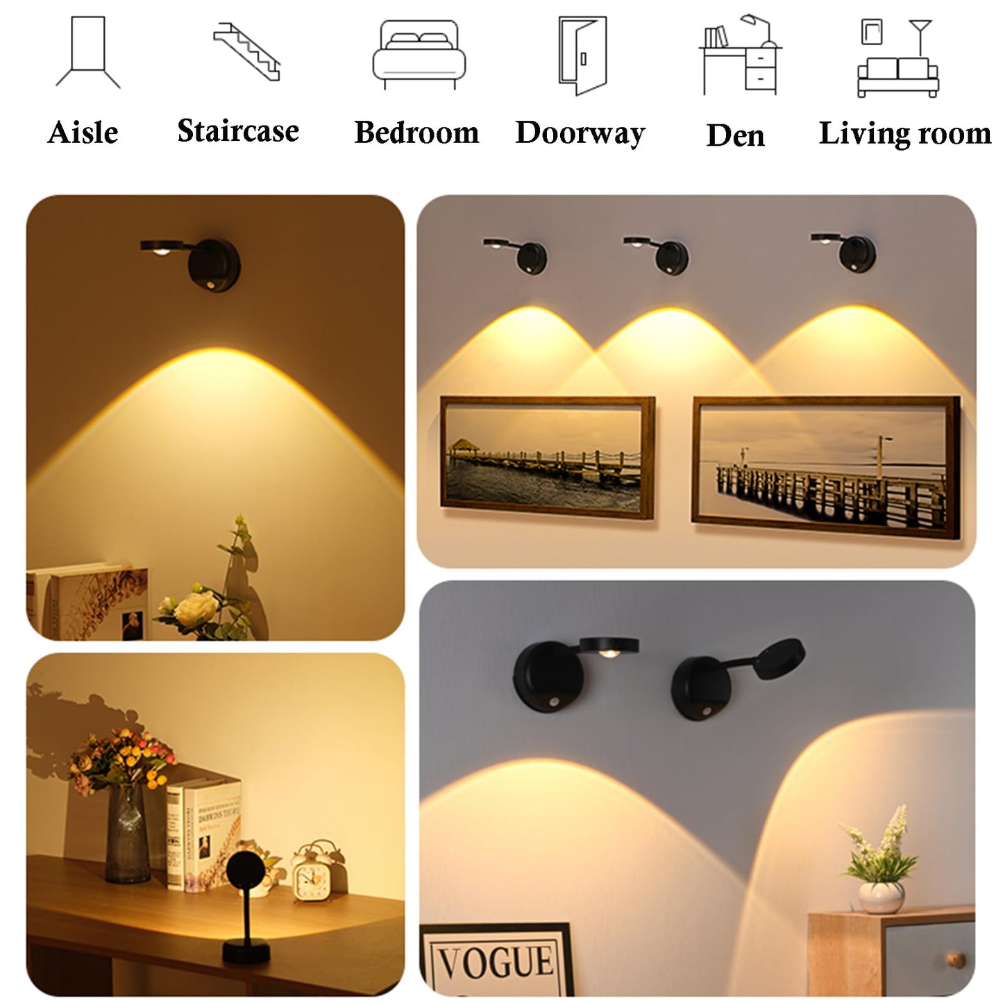 3-Pack Rechargeable LED Wall Spotlight for Art – Wireless Motion Sensor Picture Light with Remote, 3 Color Temperatures, Dimmable & Adjustable Head, No Wiring Needed (White)