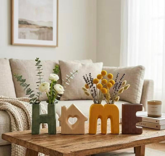 Creative HOME Decor Letter-Shaped Ceramic Vase Set – Ribbed Texture, 4-Piece Set for Modern Home Decoration(Multicolor)