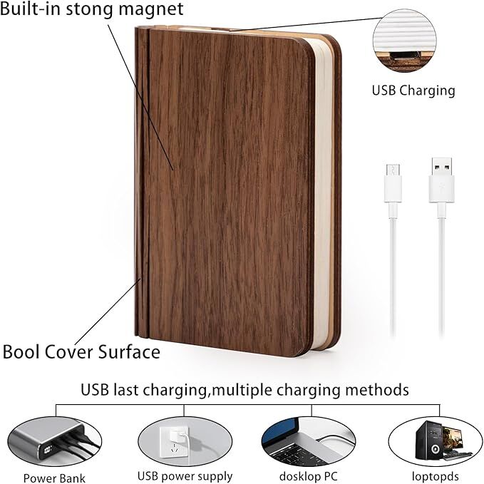 Christmas giftsRechargeable LED Book Night Light: Creative Folding Wooden Lamp with Magnetic Design for Bedrooms & GiftingWalnut Red,(L)