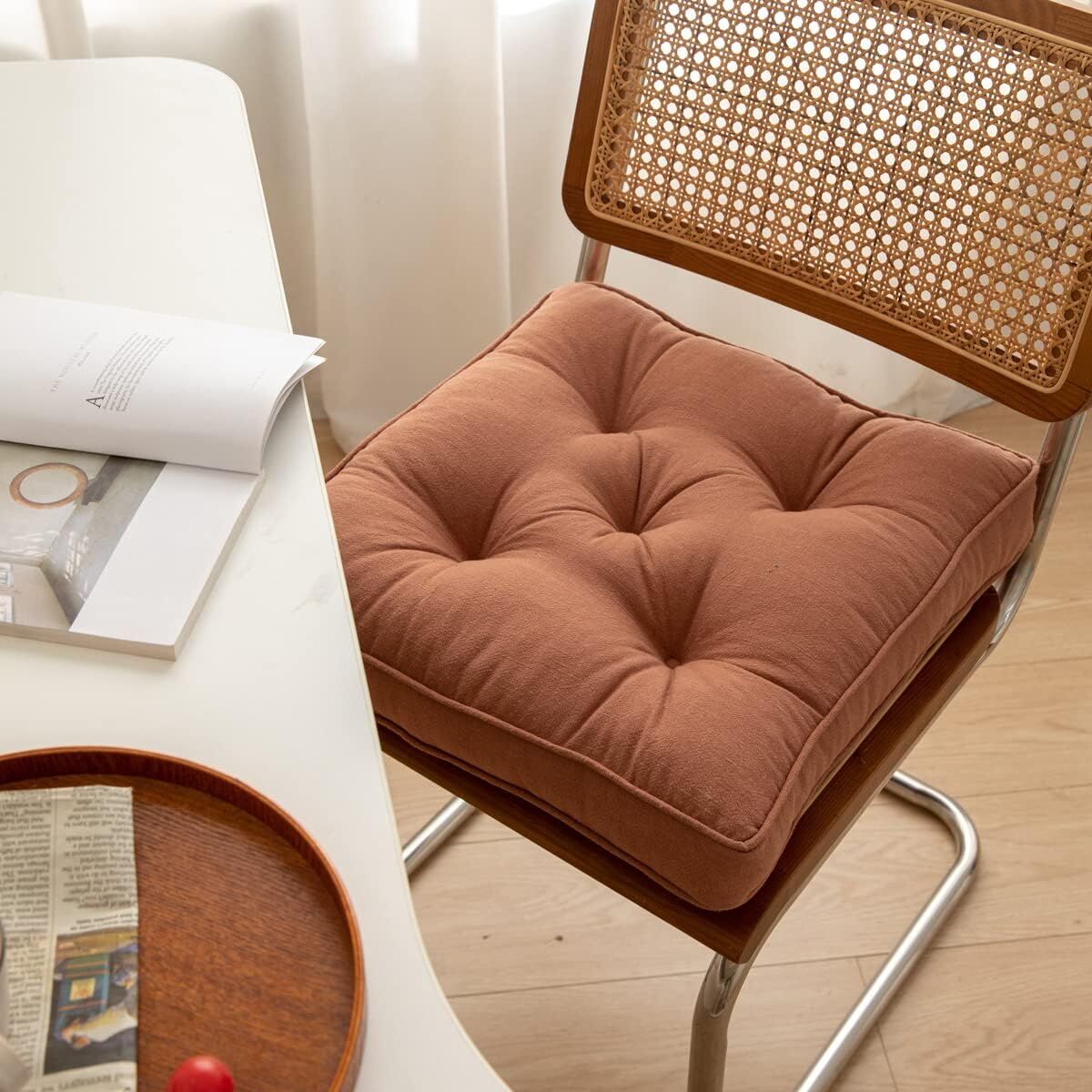 43×43×6cm Linen Cotton Thick Seat Cushion: Plush, Solid-Colour, for Office & Home Chairs, Aussie Comfort Essential（Amber Brown）