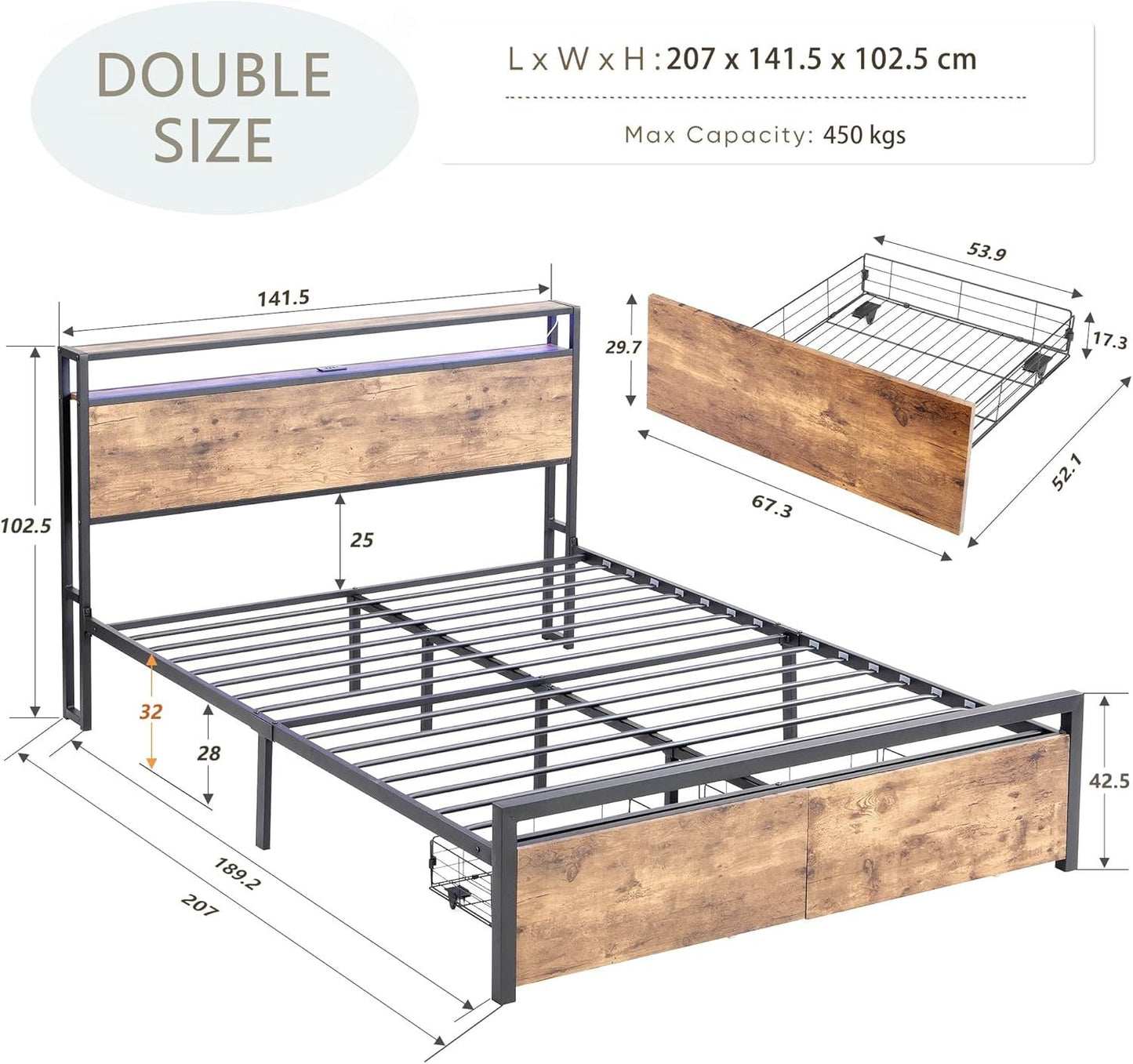 Double Bed Frame with Storage, Industrial Bed with Led Lights Headboard and 2 Drawers, Wooden Bed Frames with Charging Station, Noise Free, No Box Spring Needed, Easy Assembly, Rustic Brown