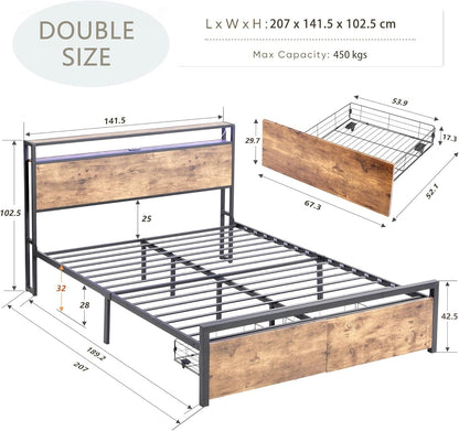 Double Bed Frame with Storage, Industrial Bed with Led Lights Headboard and 2 Drawers, Wooden Bed Frames with Charging Station, Noise Free, No Box Spring Needed, Easy Assembly, Rustic Brown