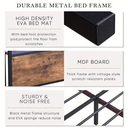 Double Bed Frame with Storage, Industrial Bed with Led Lights Headboard and 2 Drawers, Wooden Bed Frames with Charging Station, Noise Free, No Box Spring Needed, Easy Assembly, Rustic Brown