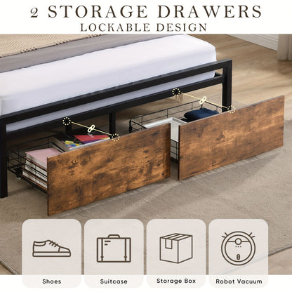 Double Bed Frame with Storage, Industrial Bed with Led Lights Headboard and 2 Drawers, Wooden Bed Frames with Charging Station, Noise Free, No Box Spring Needed, Easy Assembly, Rustic Brown