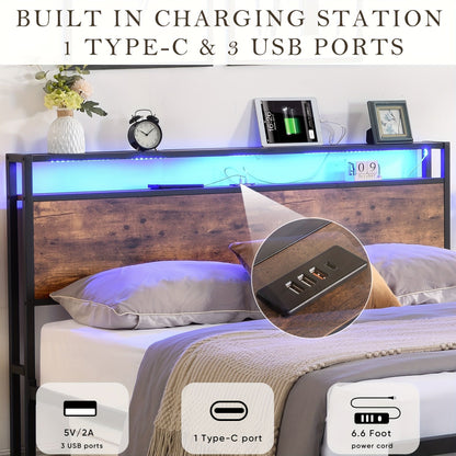 Double Bed Frame with Storage, Industrial Bed with Led Lights Headboard and 2 Drawers, Wooden Bed Frames with Charging Station, Noise Free, No Box Spring Needed, Easy Assembly, Rustic Brown