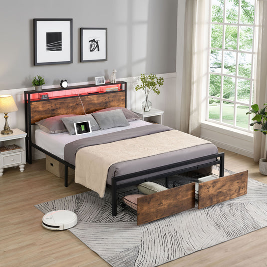 Queen Bed Frame with Storage, Industrial Bed with Led Lights Headboard and 2 Drawers, Wooden Bed Frames with Charging Station, Noise Free, No Box Spring Needed, Easy Assembly, Rustic Brown
