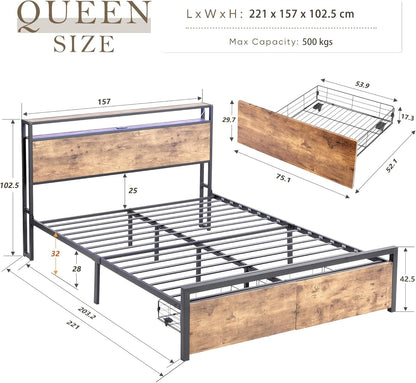 Queen Bed Frame with Storage, Industrial Bed with Led Lights Headboard and 2 Drawers, Wooden Bed Frames with Charging Station, Noise Free, No Box Spring Needed, Easy Assembly, Rustic Brown
