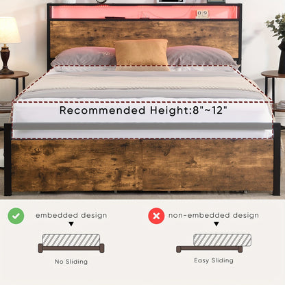 Queen Bed Frame with Storage, Industrial Bed with Led Lights Headboard and 2 Drawers, Wooden Bed Frames with Charging Station, Noise Free, No Box Spring Needed, Easy Assembly, Rustic Brown