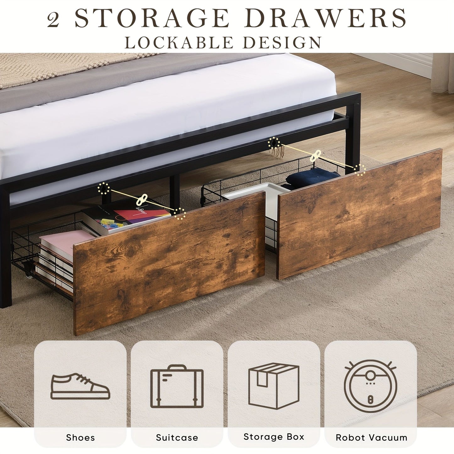 Queen Bed Frame with Storage, Industrial Bed with Led Lights Headboard and 2 Drawers, Wooden Bed Frames with Charging Station, Noise Free, No Box Spring Needed, Easy Assembly, Rustic Brown
