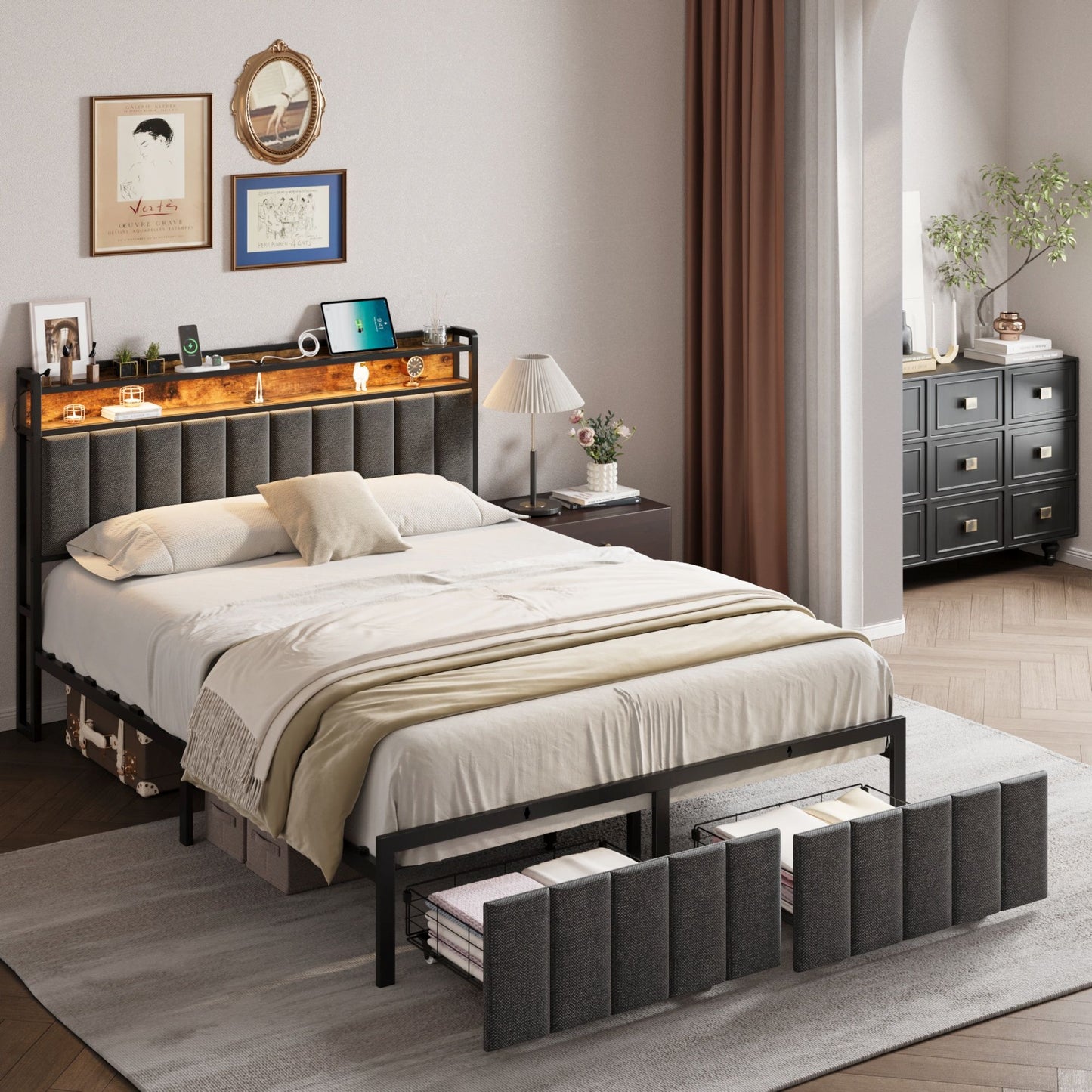 Double Bed Frame with 2 Storage Drawers and LED Lights Headboard, Upholstered Bed Frame with Charging Station, No Box Spring Needed, Easy Assembly - Grey
