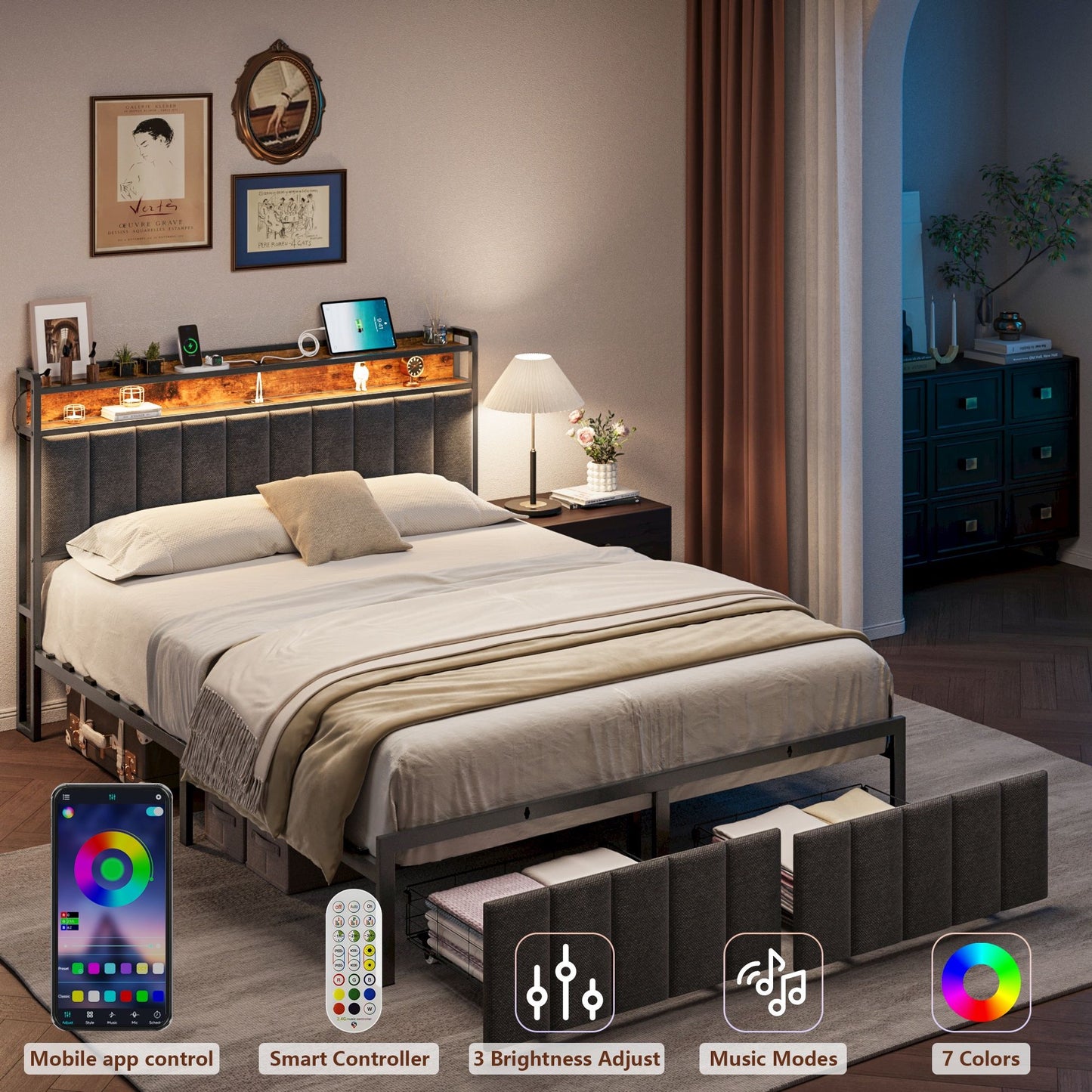 Double Bed Frame with 2 Storage Drawers and LED Lights Headboard, Upholstered Bed Frame with Charging Station, No Box Spring Needed, Easy Assembly - Grey