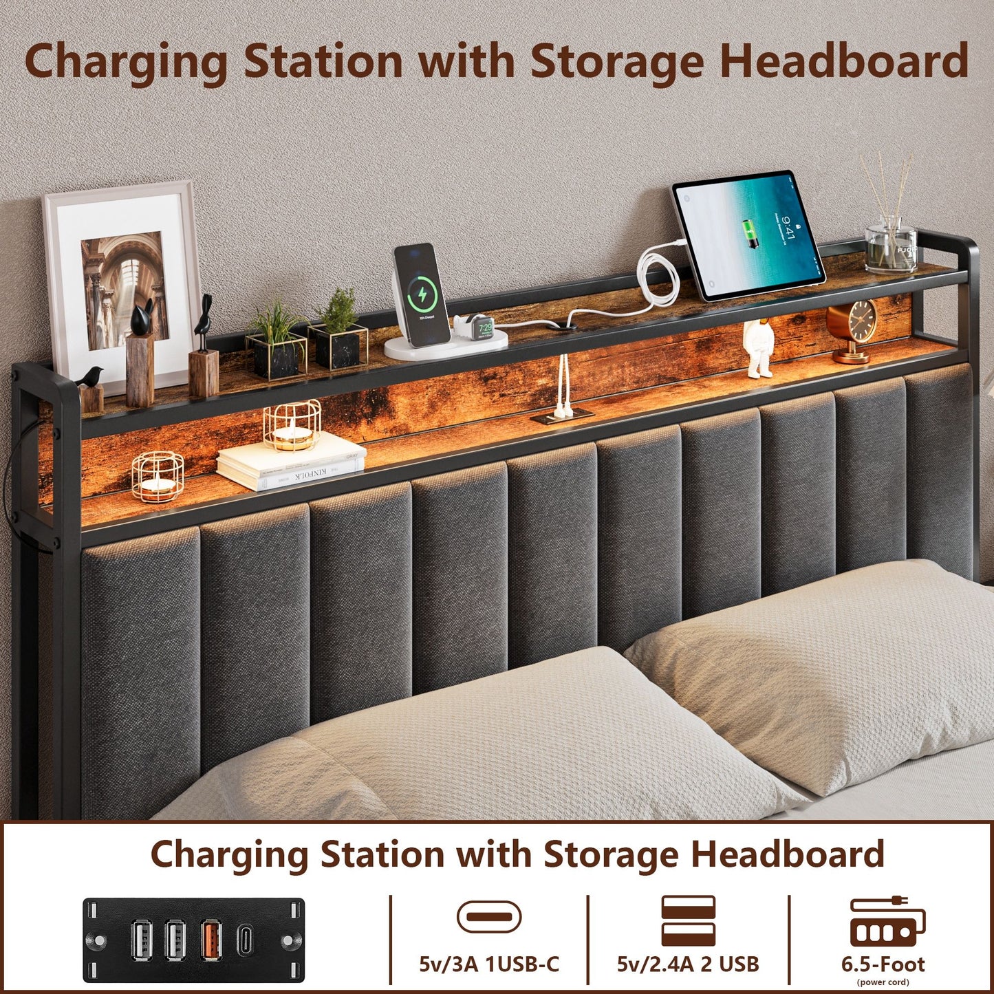 Double Bed Frame with 2 Storage Drawers and LED Lights Headboard, Upholstered Bed Frame with Charging Station, No Box Spring Needed, Easy Assembly - Grey