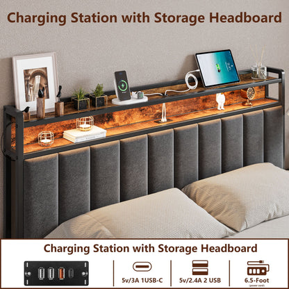 Double Bed Frame with 2 Storage Drawers and LED Lights Headboard, Upholstered Bed Frame with Charging Station, No Box Spring Needed, Easy Assembly - Grey