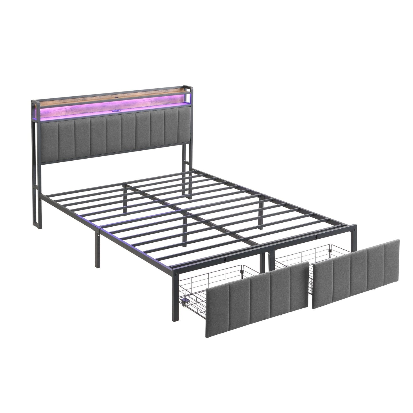 Double Bed Frame with 2 Storage Drawers and LED Lights Headboard, Upholstered Bed Frame with Charging Station, No Box Spring Needed, Easy Assembly - Grey