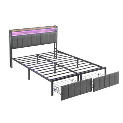 Double Bed Frame with 2 Storage Drawers and LED Lights Headboard, Upholstered Bed Frame with Charging Station, No Box Spring Needed, Easy Assembly - Grey