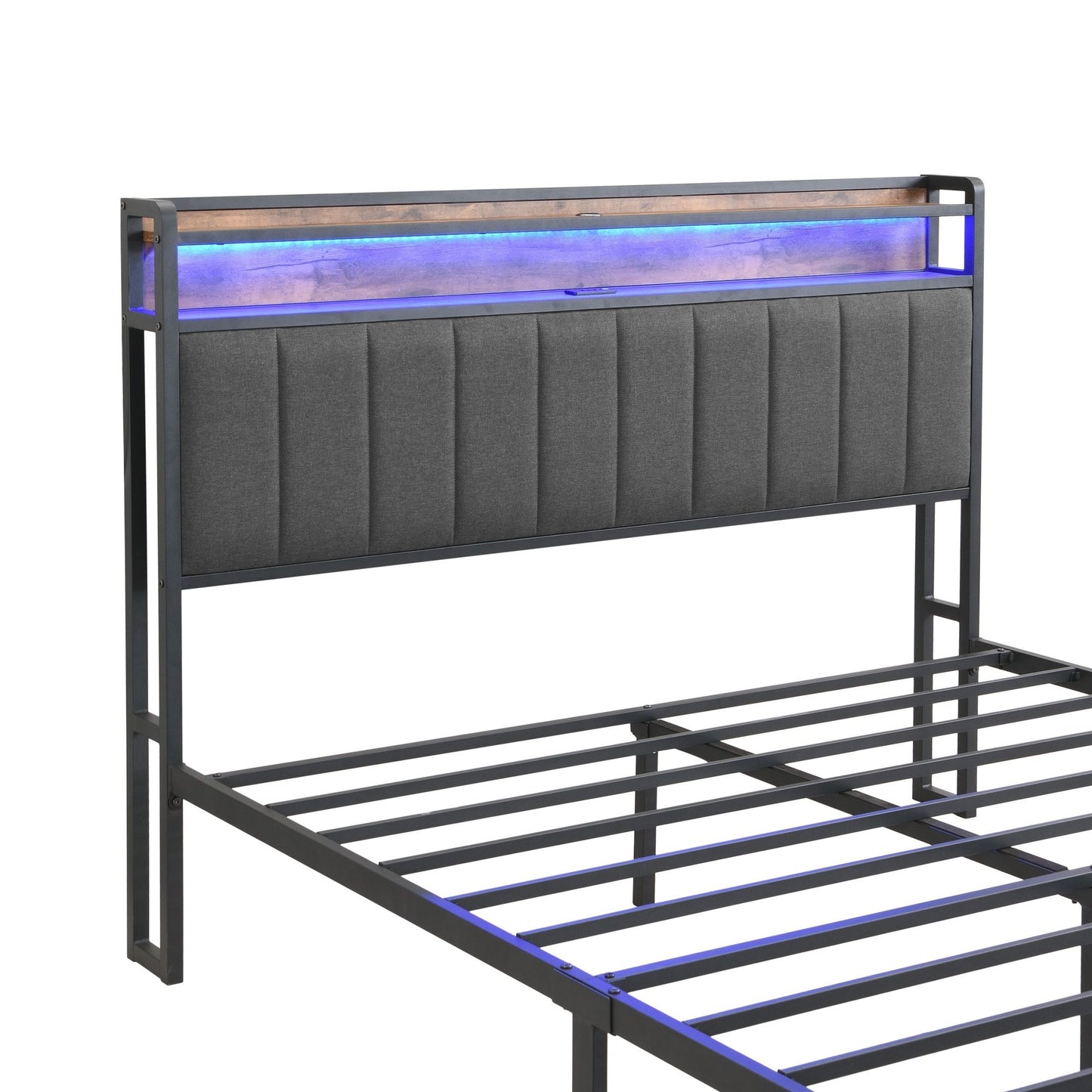 Double Bed Frame with 2 Storage Drawers and LED Lights Headboard, Upholstered Bed Frame with Charging Station, No Box Spring Needed, Easy Assembly - Grey