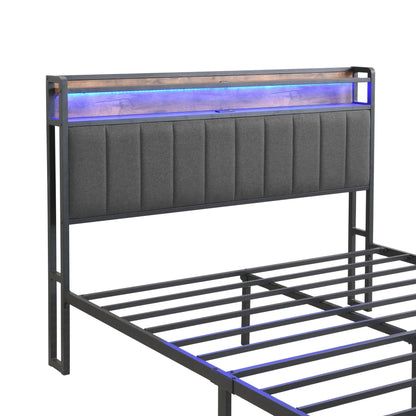 Double Bed Frame with 2 Storage Drawers and LED Lights Headboard, Upholstered Bed Frame with Charging Station, No Box Spring Needed, Easy Assembly - Grey