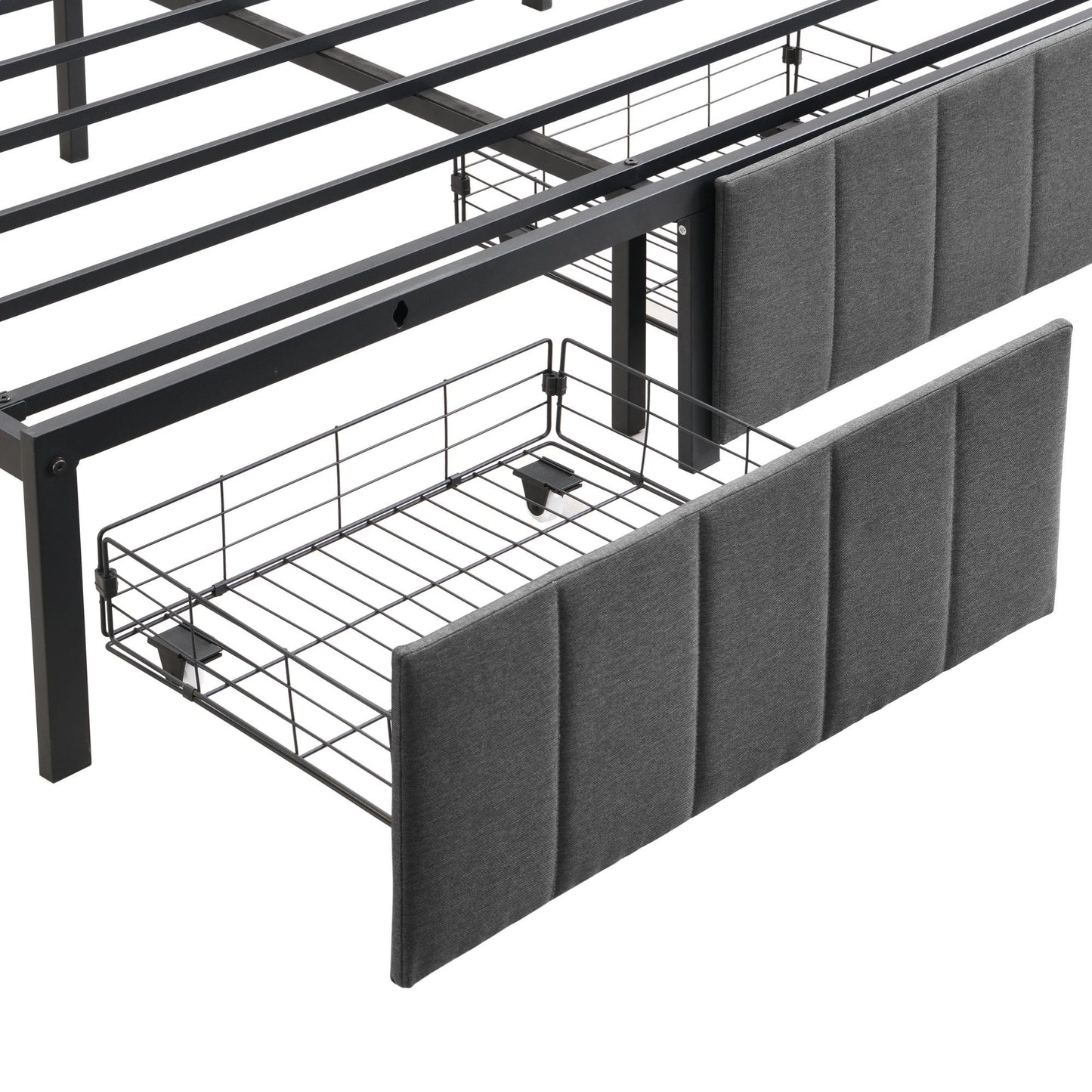 Double Bed Frame with 2 Storage Drawers and LED Lights Headboard, Upholstered Bed Frame with Charging Station, No Box Spring Needed, Easy Assembly - Grey