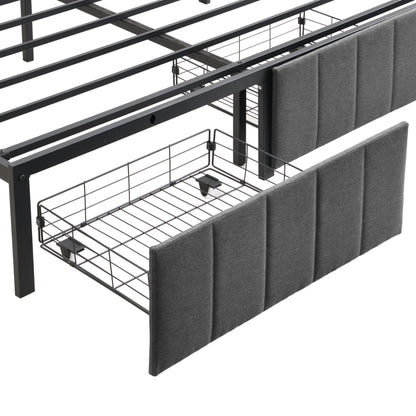 Double Bed Frame with 2 Storage Drawers and LED Lights Headboard, Upholstered Bed Frame with Charging Station, No Box Spring Needed, Easy Assembly - Grey