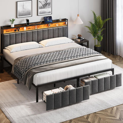 King Bed Frame with 2 Storage Drawers and LED Lights Headboard, Upholstered Bed Frame with Charging Station, No Box Spring Needed, Easy Assembly - Grey