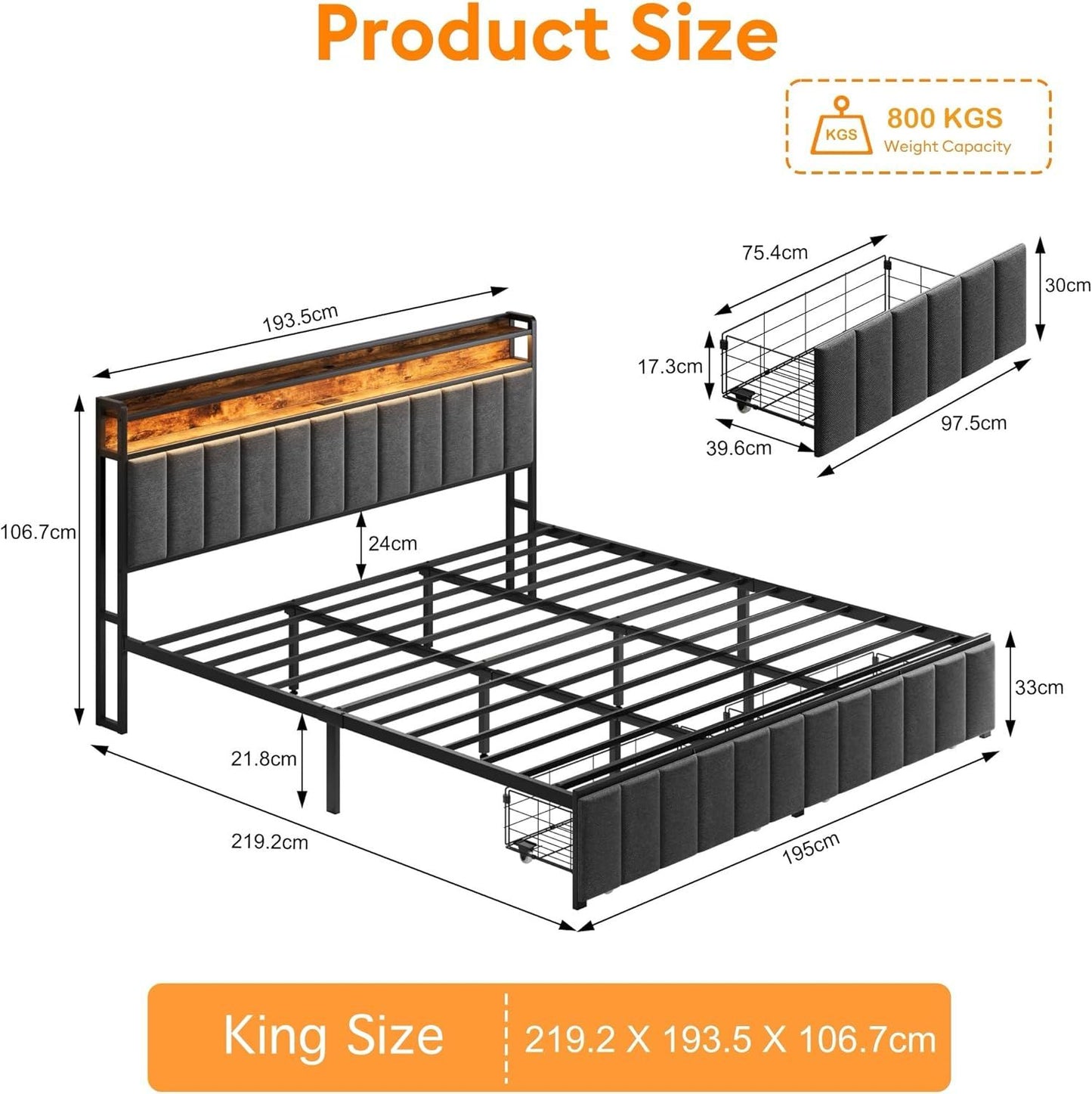 King Bed Frame with 2 Storage Drawers and LED Lights Headboard, Upholstered Bed Frame with Charging Station, No Box Spring Needed, Easy Assembly - Grey