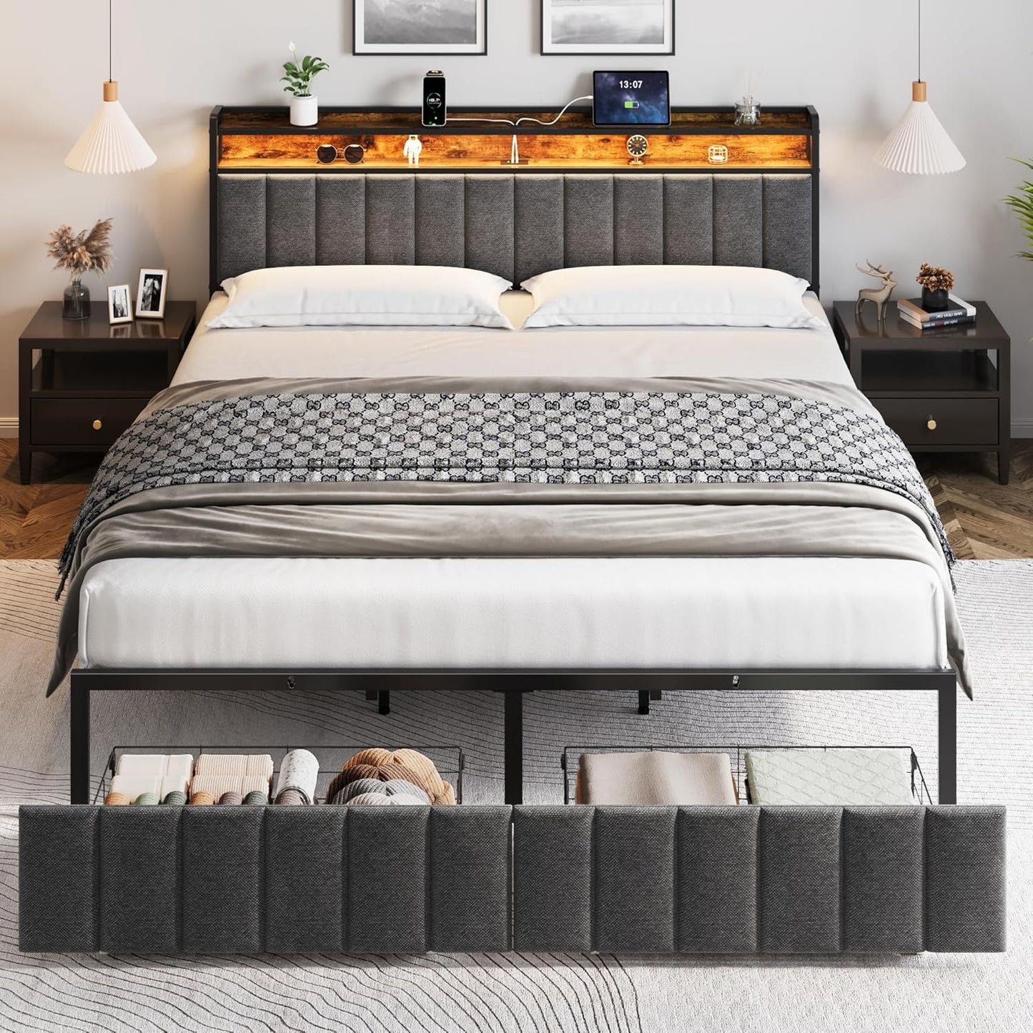 King Bed Frame with 2 Storage Drawers and LED Lights Headboard, Upholstered Bed Frame with Charging Station, No Box Spring Needed, Easy Assembly - Grey