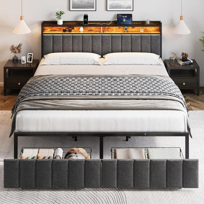 King Bed Frame with 2 Storage Drawers and LED Lights Headboard, Upholstered Bed Frame with Charging Station, No Box Spring Needed, Easy Assembly - Grey