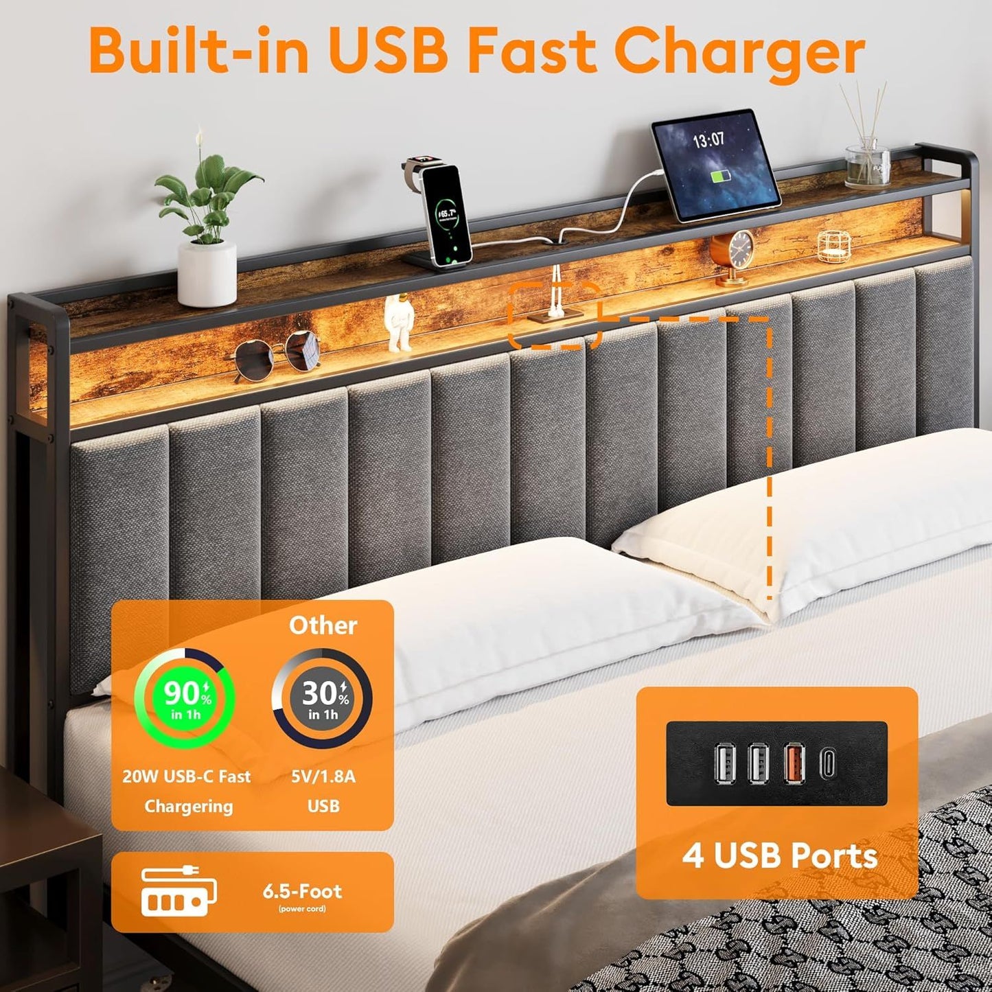 King Bed Frame with 2 Storage Drawers and LED Lights Headboard, Upholstered Bed Frame with Charging Station, No Box Spring Needed, Easy Assembly - Grey