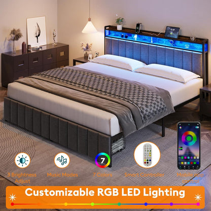 King Bed Frame with 2 Storage Drawers and LED Lights Headboard, Upholstered Bed Frame with Charging Station, No Box Spring Needed, Easy Assembly - Grey
