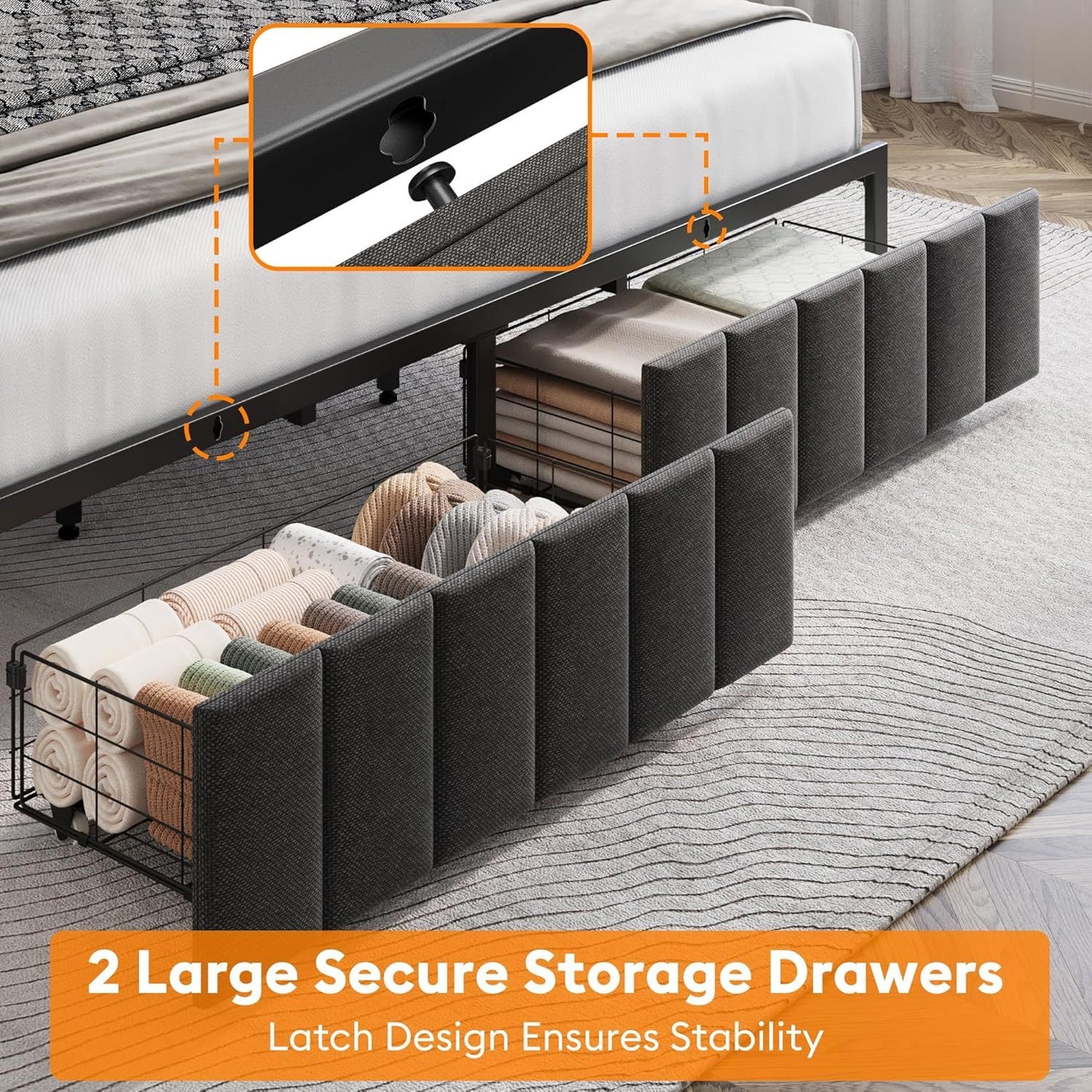 King Bed Frame with 2 Storage Drawers and LED Lights Headboard, Upholstered Bed Frame with Charging Station, No Box Spring Needed, Easy Assembly - Grey