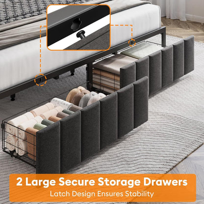 King Bed Frame with 2 Storage Drawers and LED Lights Headboard, Upholstered Bed Frame with Charging Station, No Box Spring Needed, Easy Assembly - Grey