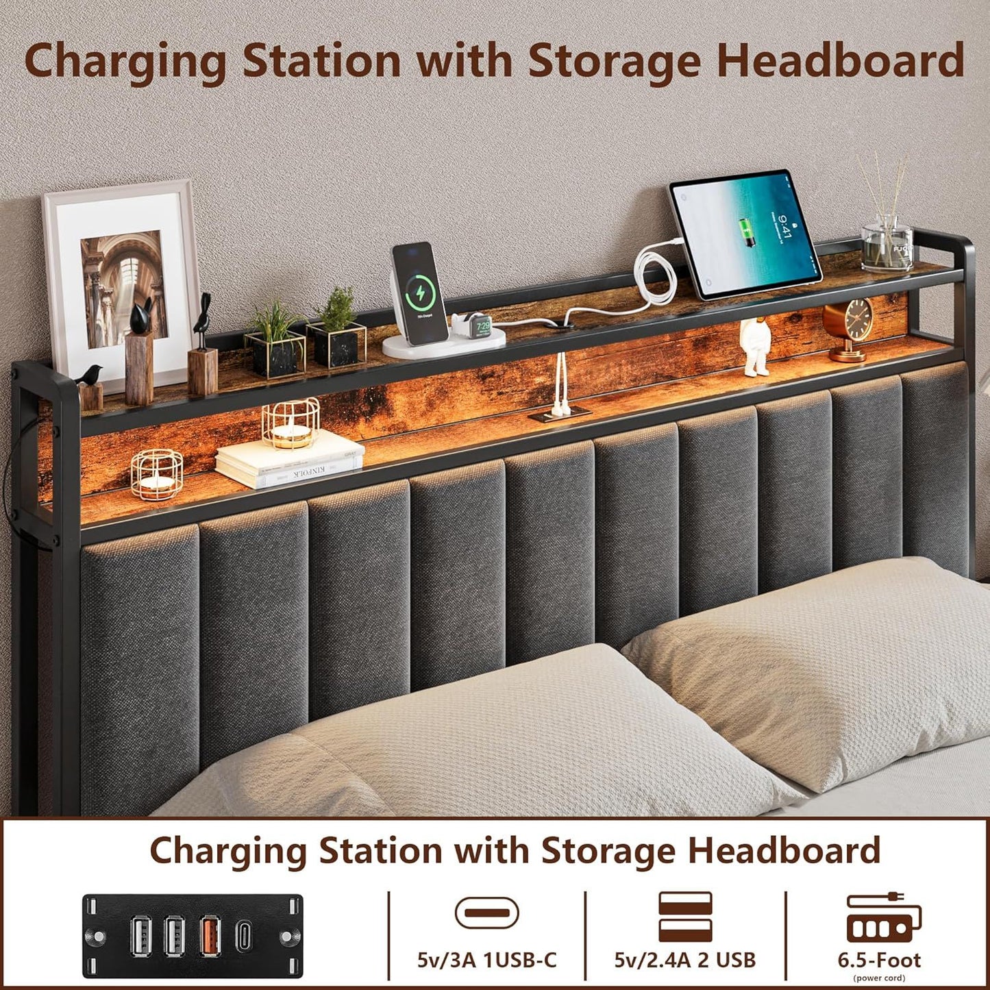 Queen Bed Frame with 2 Storage Drawers and LED Lights Headboard, Upholstered Bed Frame with Charging Station, No Box Spring Needed, Easy Assembly - Grey