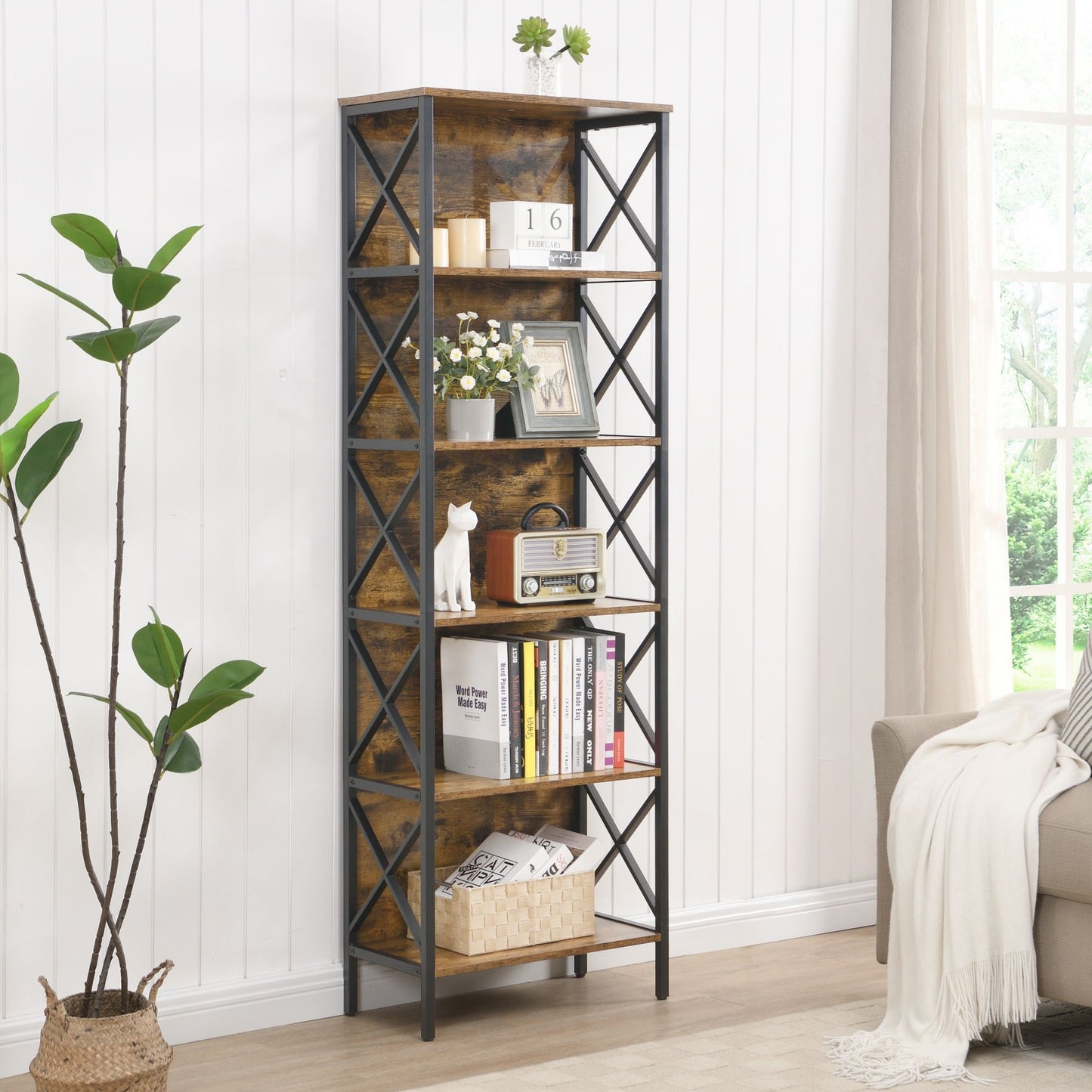 6 Tier Tall Bookshelf, Rustic Brown